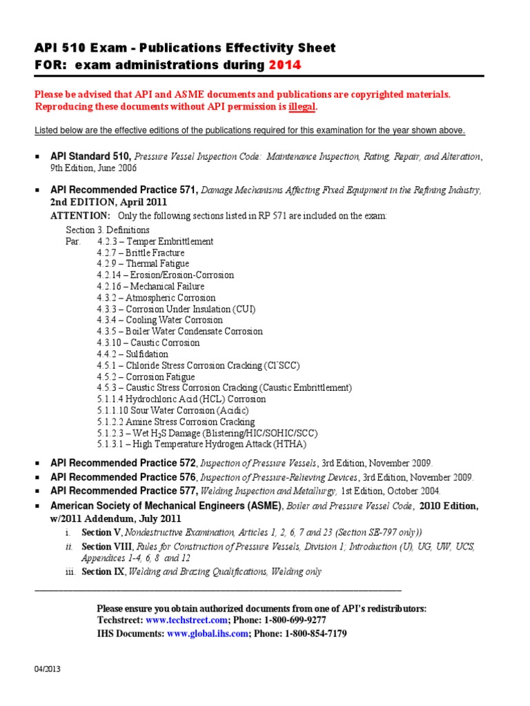 API 510 Exam - Publications Effectivity Sheet FOR: Exam Administrations ...