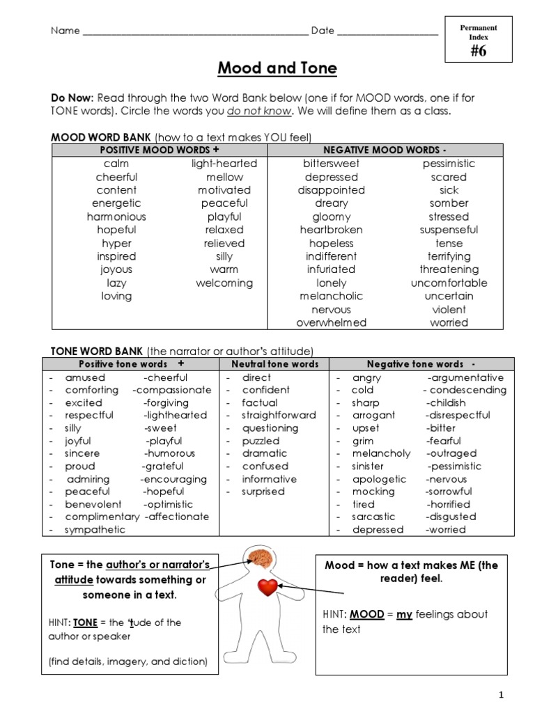 Mood And Tone Word List Worksheets Teaching Resources Tpt