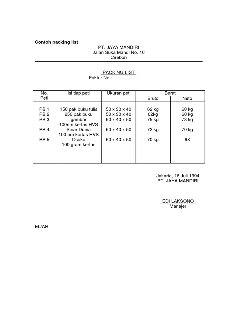 Contoh Packing List dan Surat Terkait | PDF