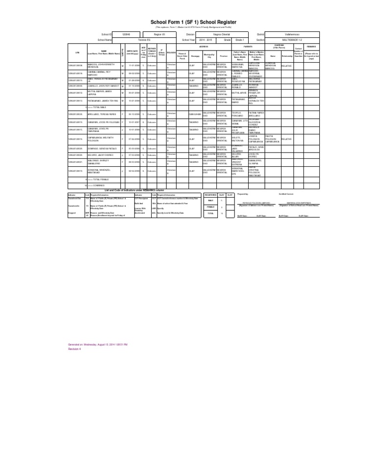 School Register for Grade 1 Students | PDF