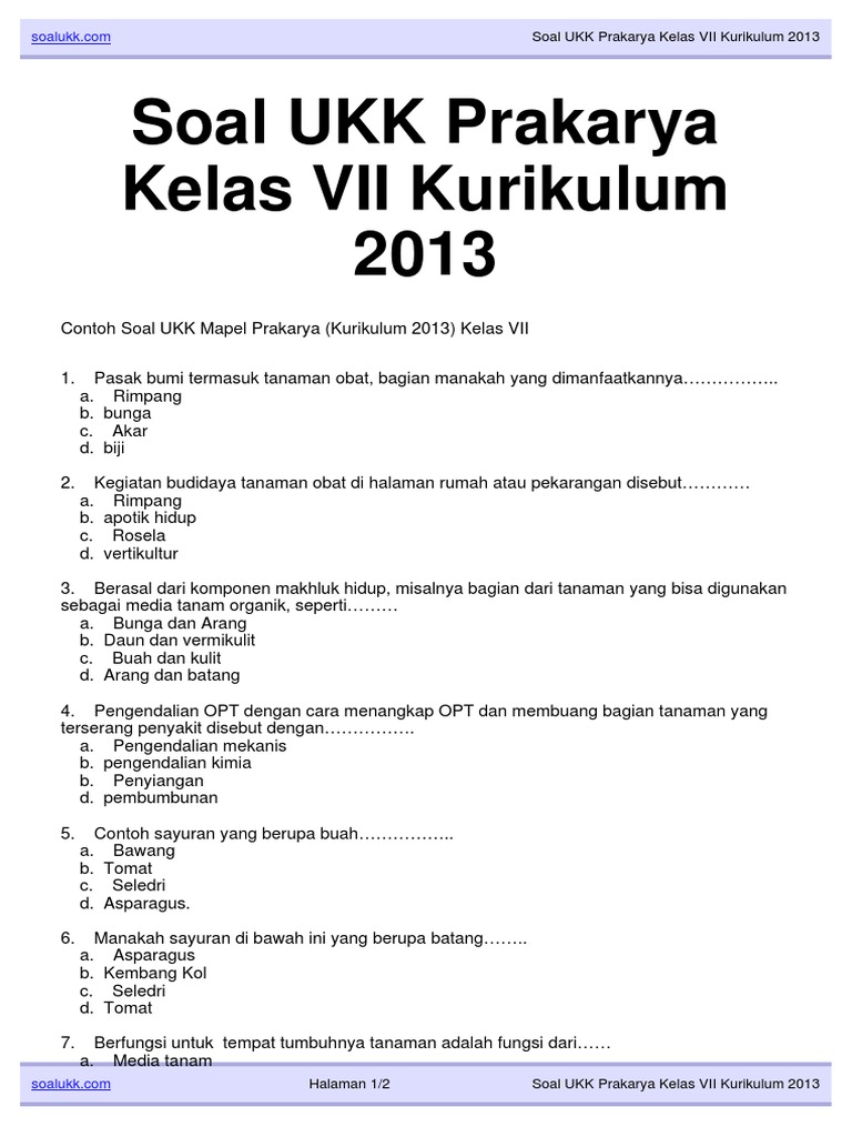 Soal Prakarya Kelas Vii