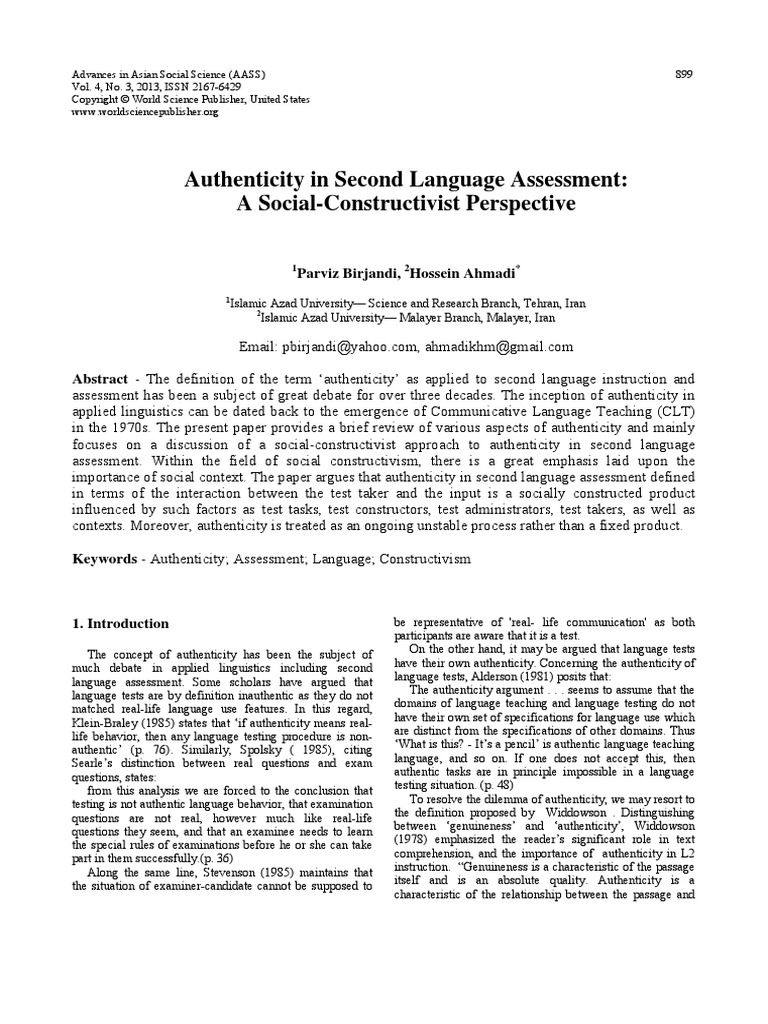 Authenticity in Second Language Assessment | PDF | Constructivism ...