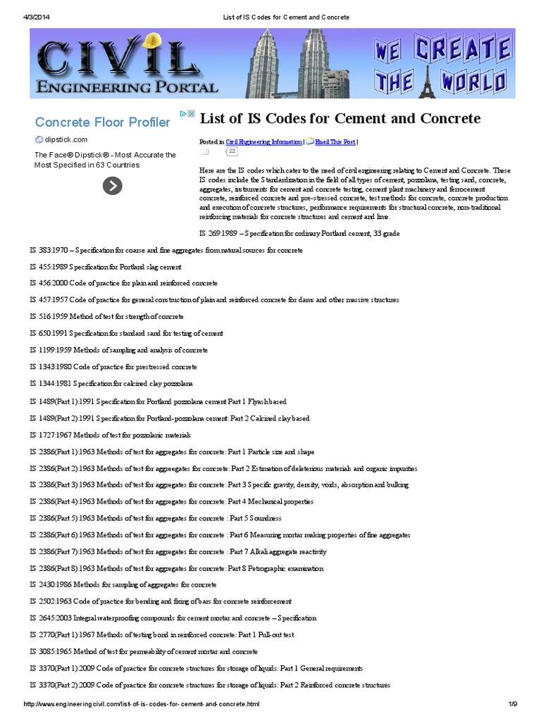 List of is Codes for Cement and Concrete Concrete Mortar (Masonry)