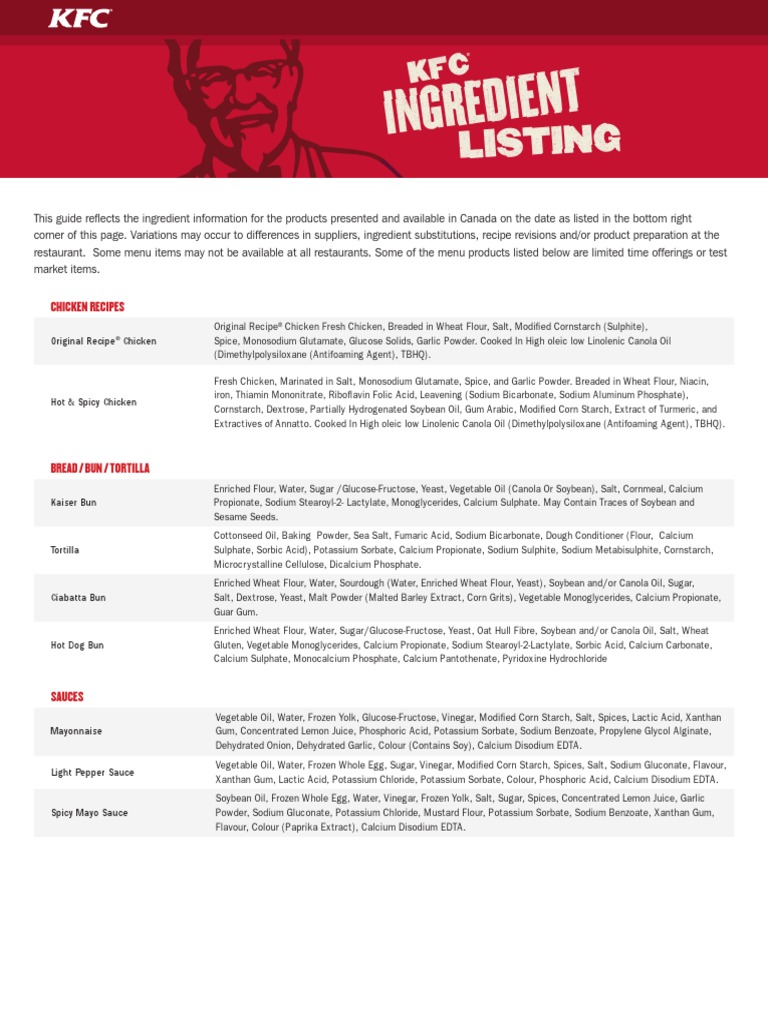 KFC IngredientList Eng | Salad | Breads | Free 30-day Trial | Scribd