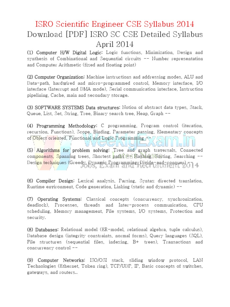 PDF) ISRO SC CSE Detailed Syllabus April 2014 | PDF