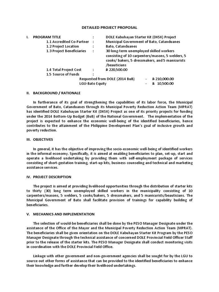 Sample Of A Project Proposal Livelihood Starter Kit Unemployment