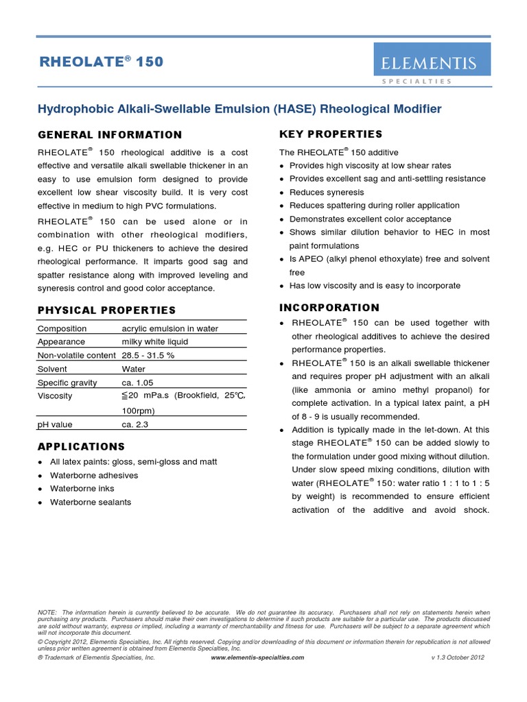 Rheolate 150 PDF Rheology Paint