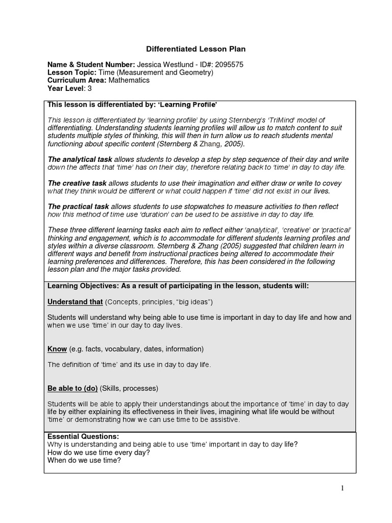 Differentiated Lesson Plan on Time | PDF | Educational Assessment ...