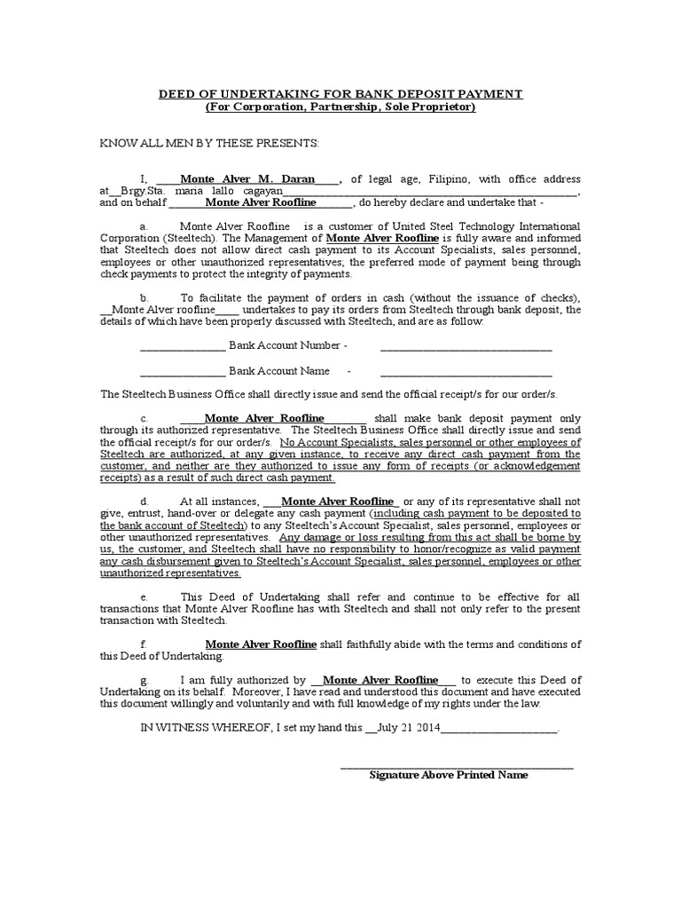 Bank Deposit Payment Undertaking Deed | PDF | Payments | Cheque