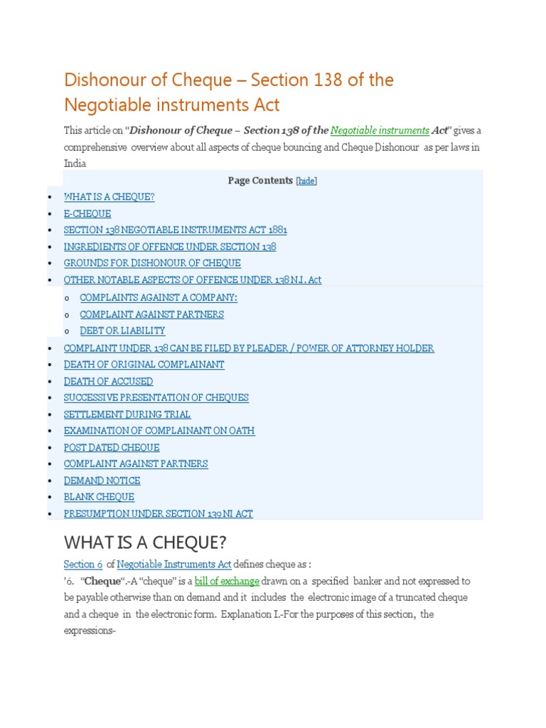 Dishonour of Cheque Sec 138 of NI ACT | PDF | Cheque | Negotiable ...