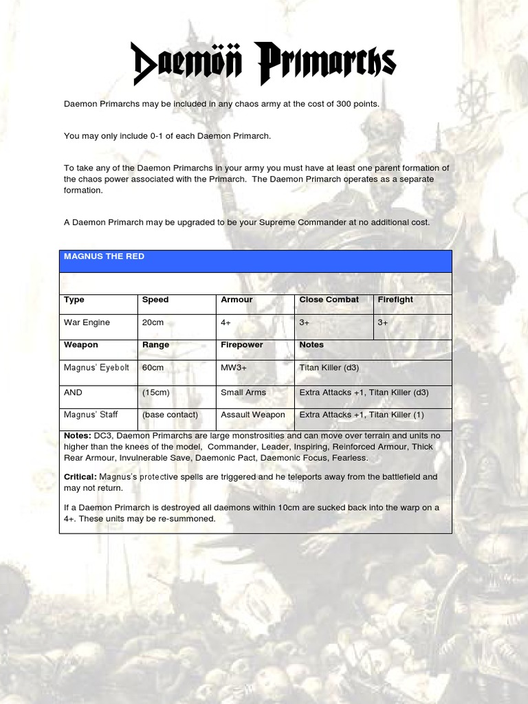 Daemon Primarchs Overview and Stats | PDF | Armour | Military Science