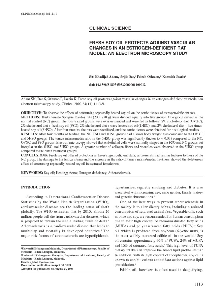 Clinical Science Fresh Soy Oil Protects Against Vascular Changes in An EstrogenDeficient Rat