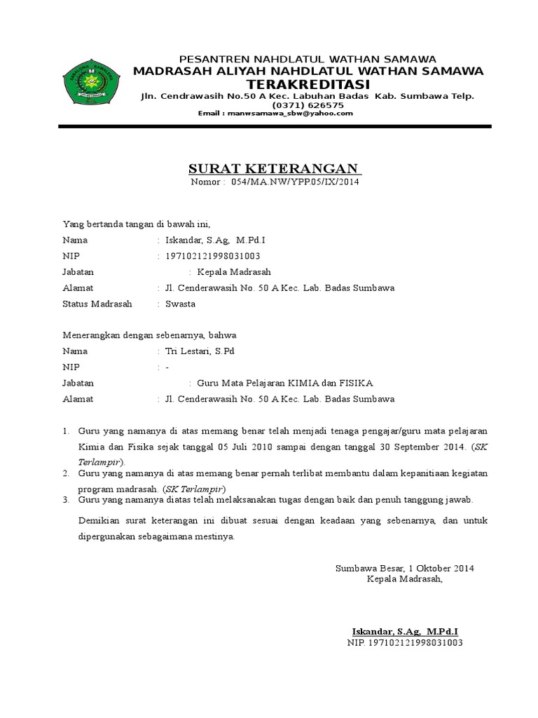 Contoh Surat Pernyataan Aktif Mengajar Dari Kepala Sekolah  Cara