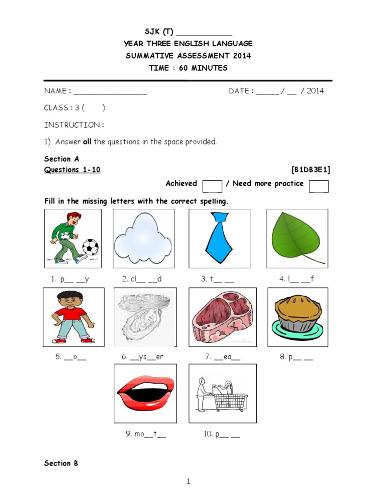 SJK (T) - Year Three English Language Summative Assessment 2014 Time ...