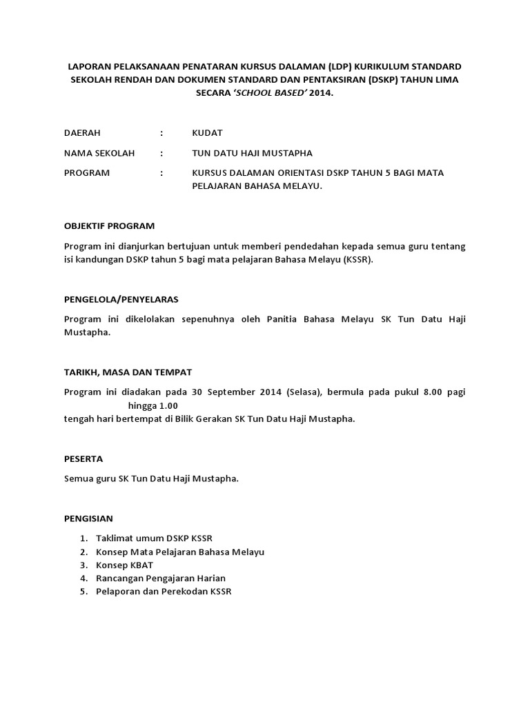 Laporan Pelaksanaan Penataran Kursus Dalaman