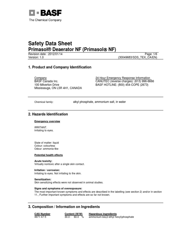 Msds Primasol Deaerator NF (E) | PDF | Firefighting | Safety