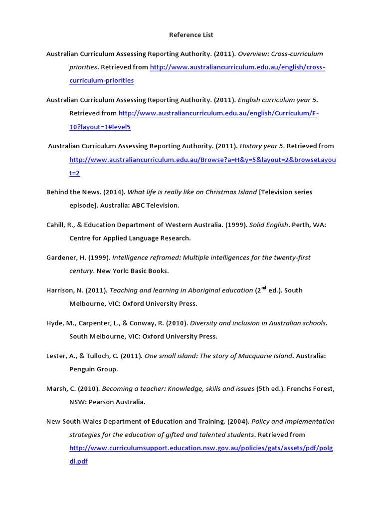 Australian Curriculum Reference List | PDF