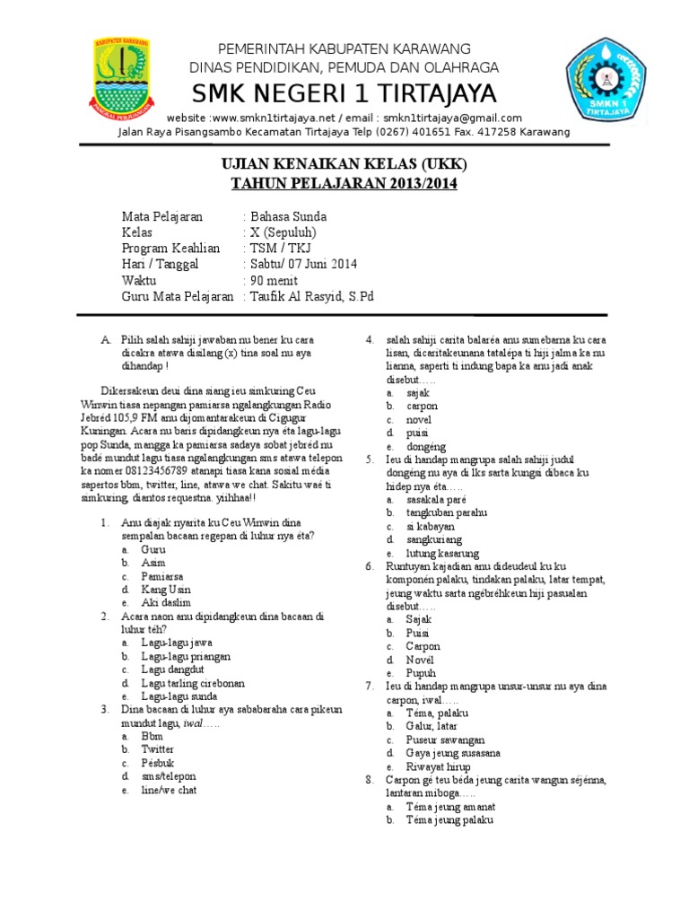 Soal Ulangan Umum Basa Sunda Kls x Smkn 1 Tirtajaya