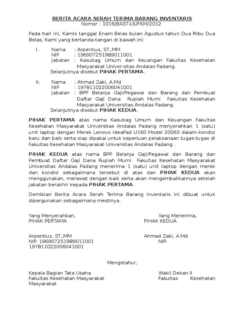 Contoh Berita Acara Serah Terima Aset Surat Surat Lengkap