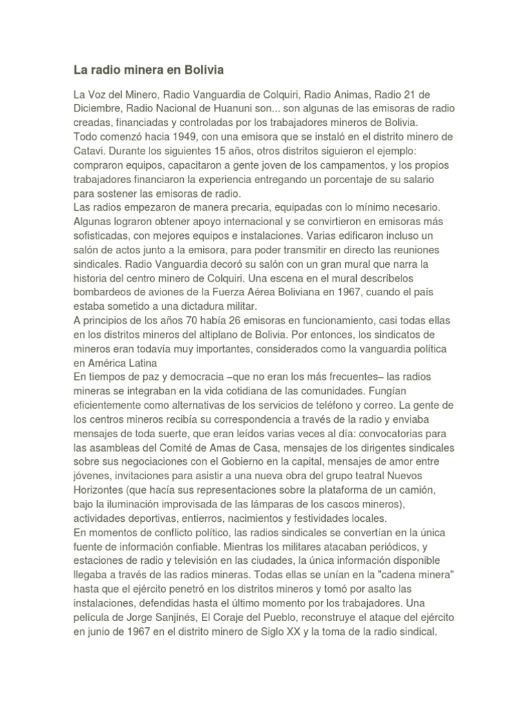 La Radio Minera en Bolivia PDF Bolivia Plata