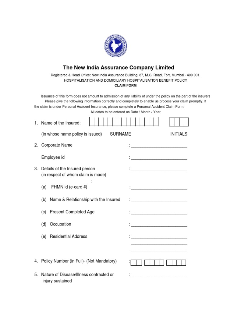 10 New India Assurance Company Reimbursement Claim Form Physician