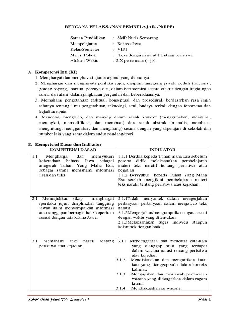 Rpp B Jawa Kls Vii Sem 1 Pdf