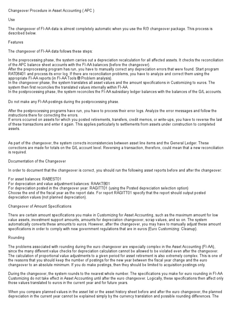 Changeover Procedure in Asset Accounting (Apc) PDF Depreciation Rounding
