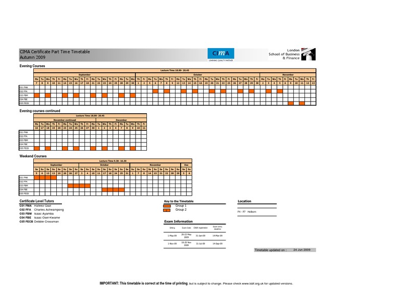 Cima Timetable Certificate Part Time | PDF