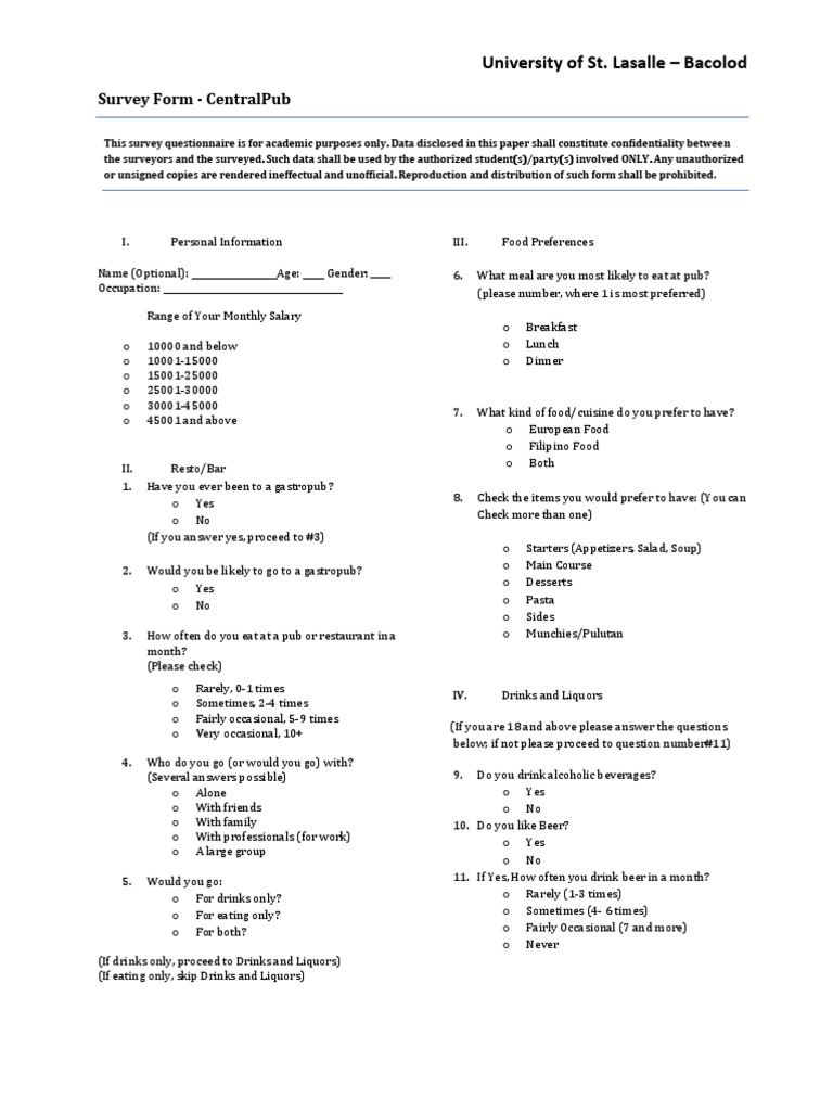 Survey Form Bar Drink