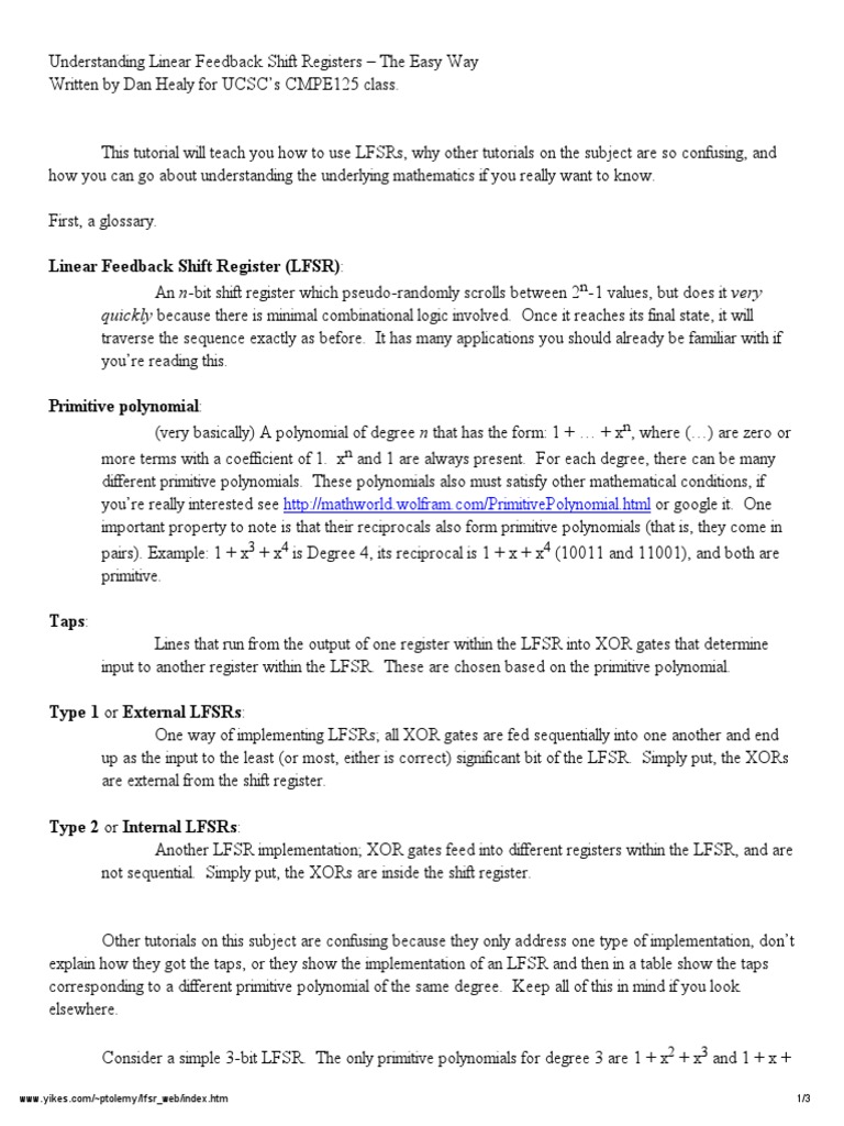 Understanding Linear Feedback Shift Registers - The Easy Way | PDF ...