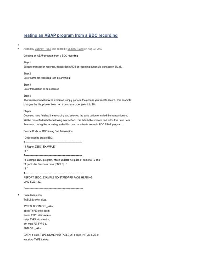 ABAP BDC Program Creation Guide | PDF | Computer Program | Programming