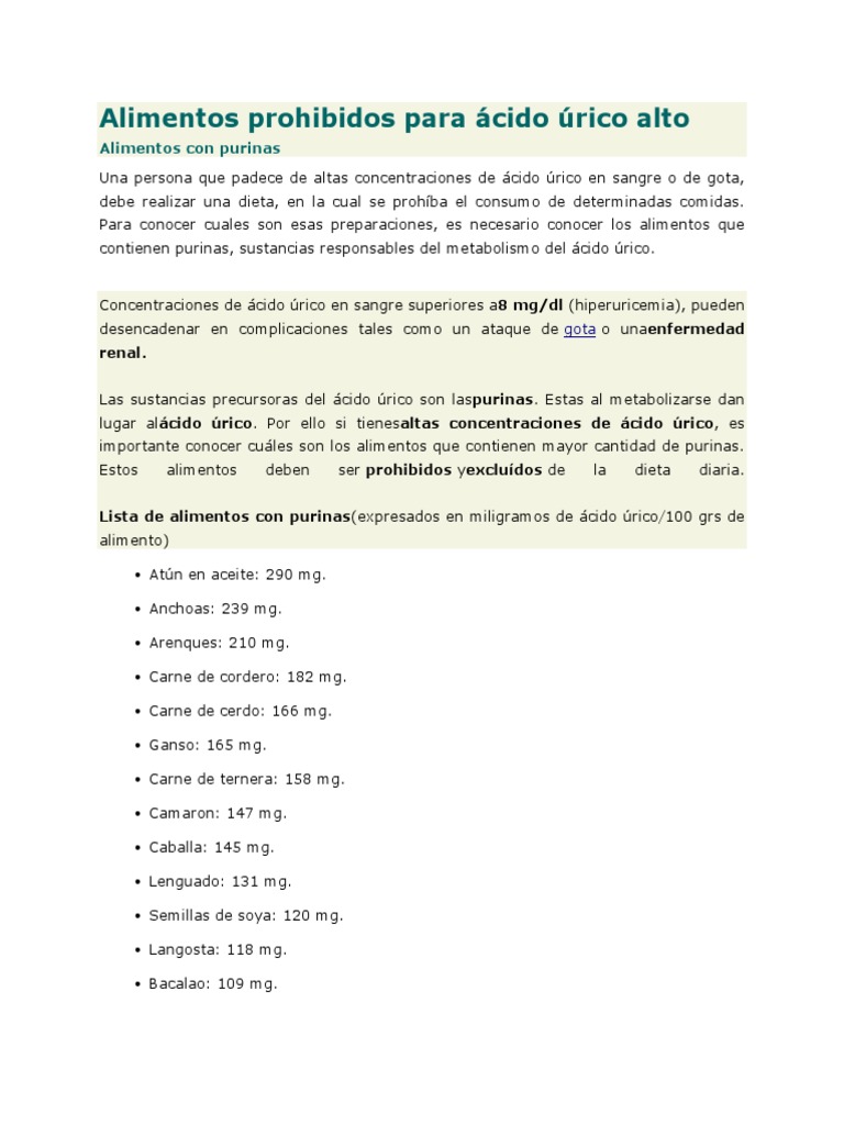 Alimentos Prohibidos para Ácido Úrico Alto PDF Gota Gusto