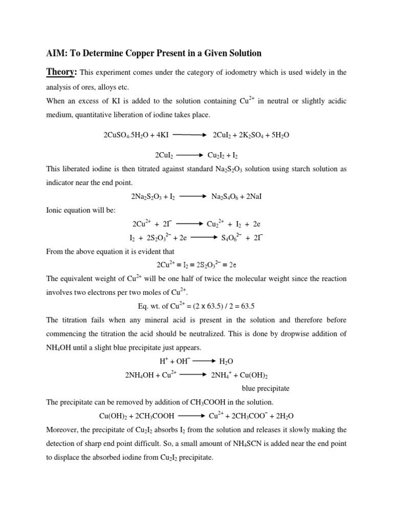 Iodometric Estimation of Copper | PDF | Titration | Chemistry