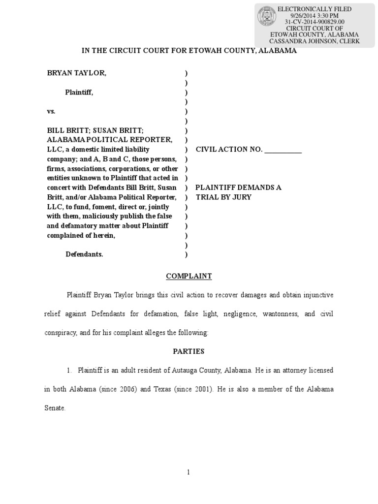 Taylor v Britt Complaint Etowah County Alabama Circuit Court Taylor v Britt Complaint Etowah County Alabama Circuit Court