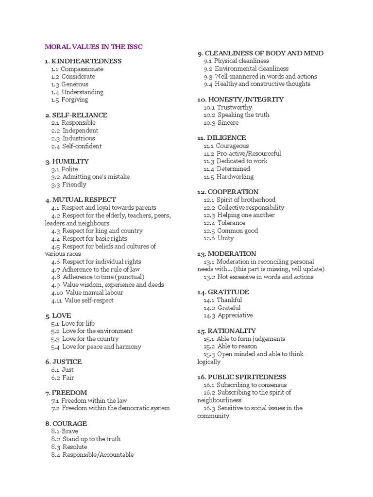 Key Moral Values in ISSC Curriculum | PDF | Free Will | Love