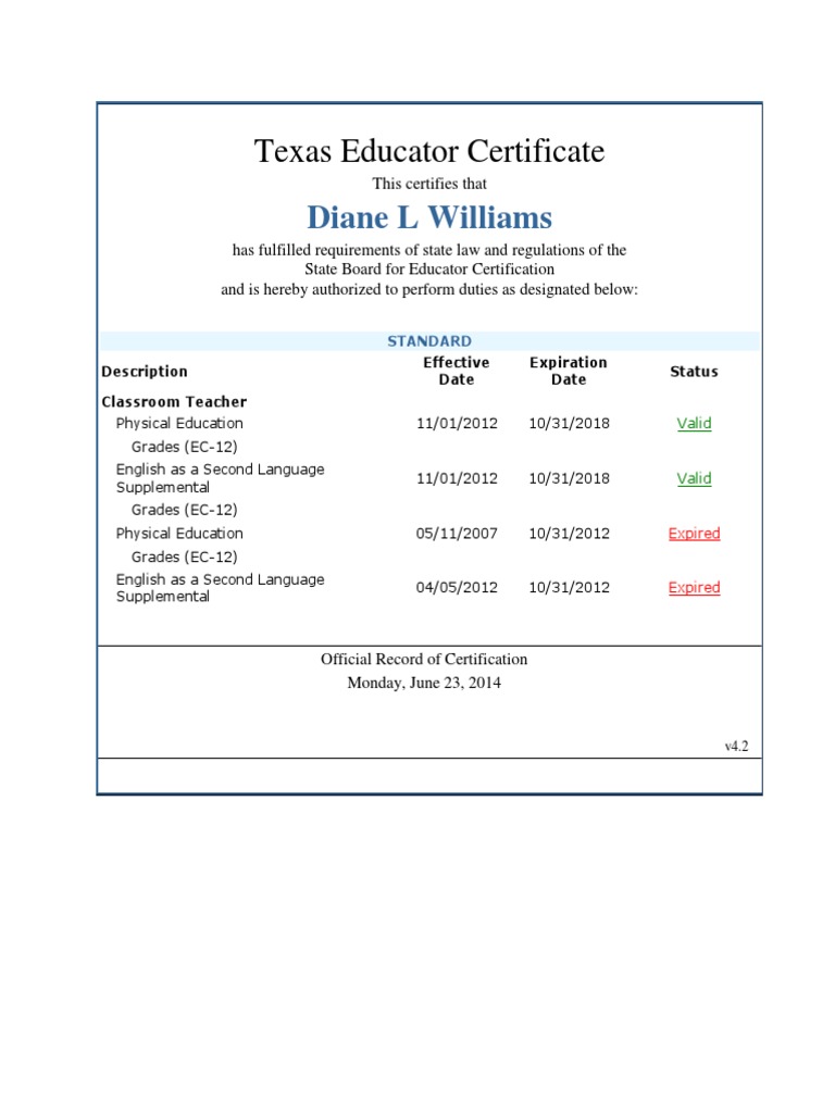 Texas Educator Certificate PDF
