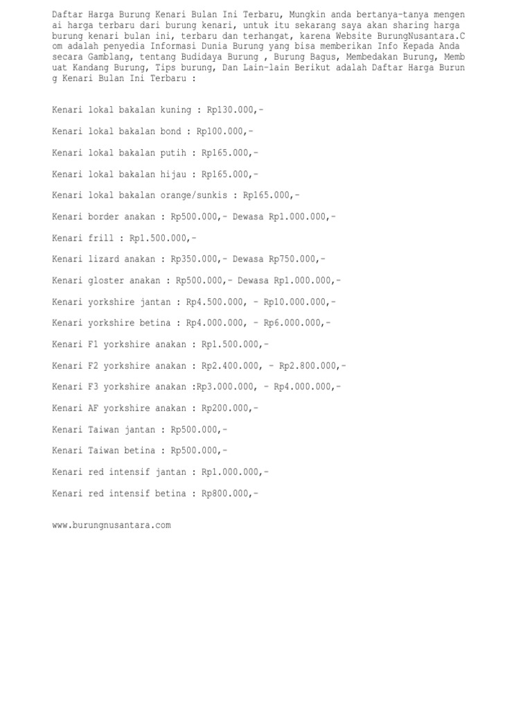 Daftar Harga Kenari Terbaru | PDF | Memasak, Makanan, \u0026 Anggur | Griya \u0026  Taman, image size:768x1024