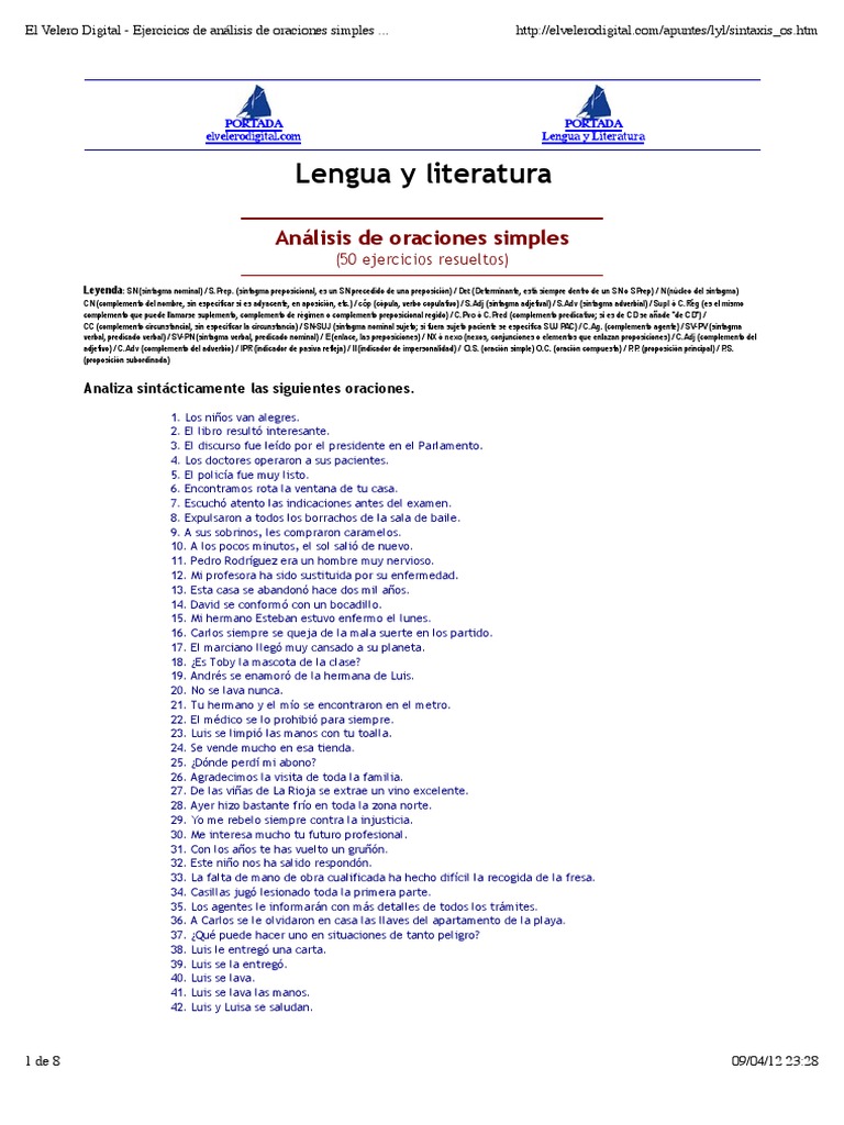 Ejercicios de Análisis de Oraciones Simples y Compuestas PDF | PDF ...