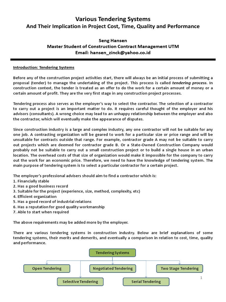Various Tendering Systems: and Their Implication in Project Cost, Time ...