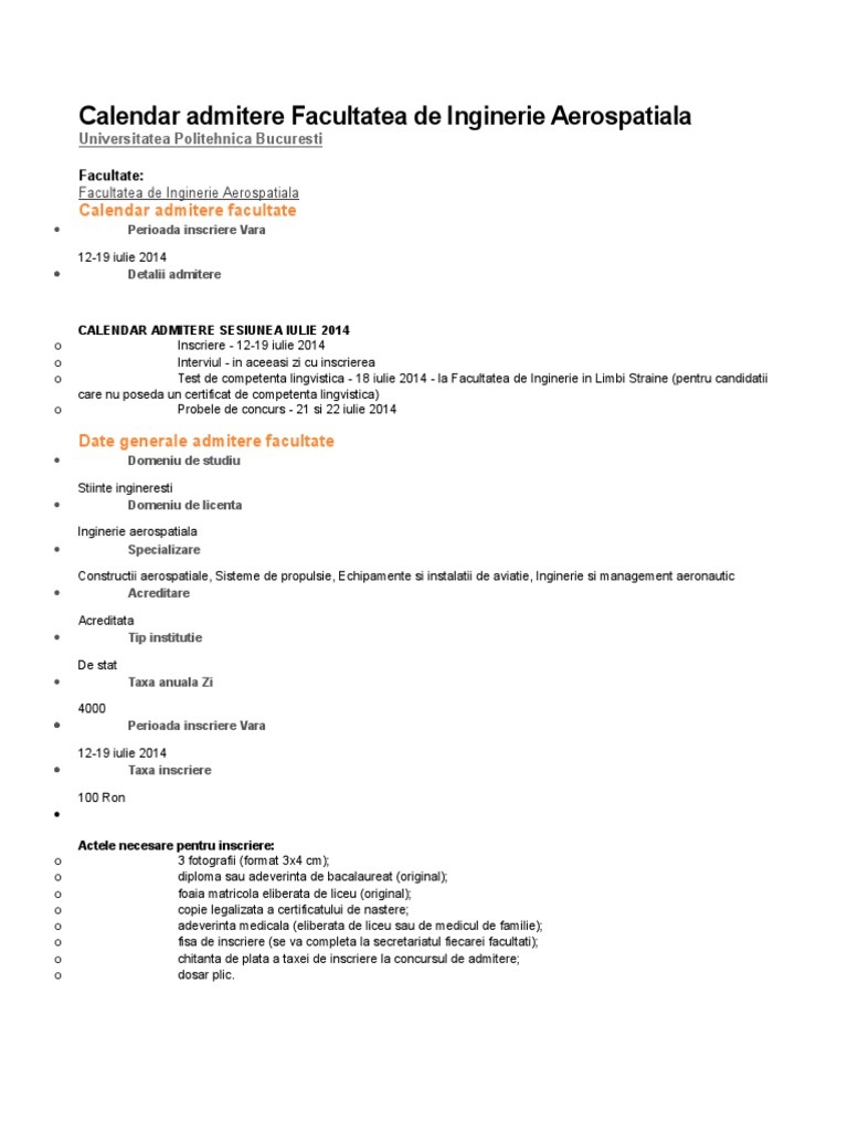 Calendar Admitere Facultatea De Inginerie Aerospatiala