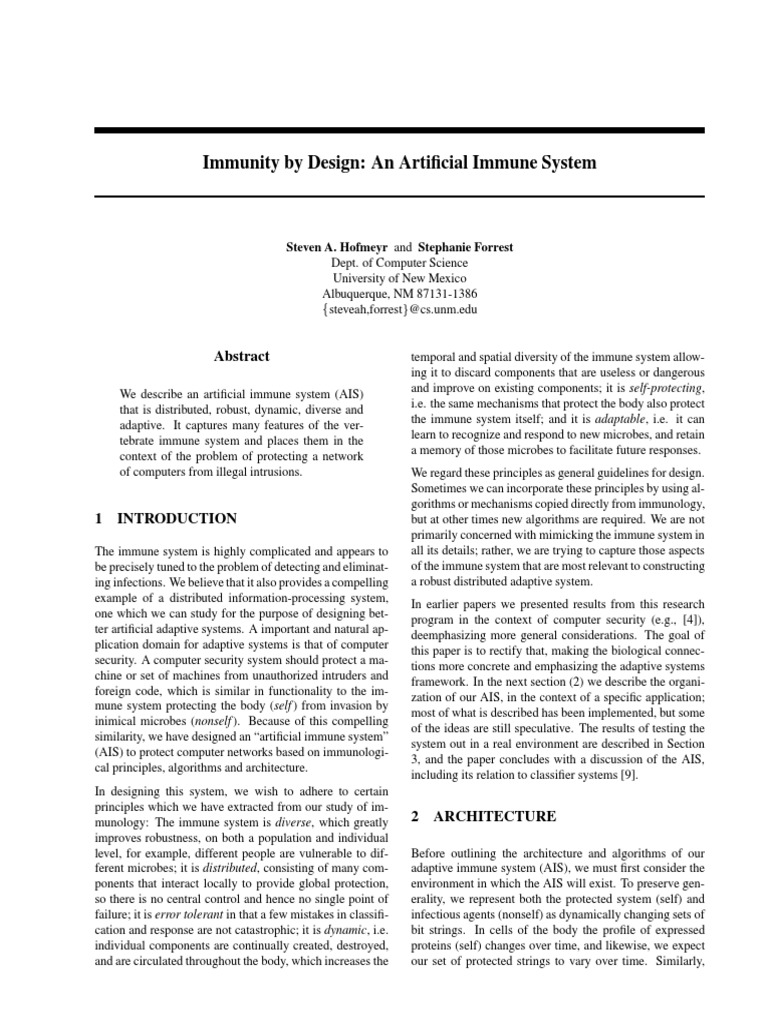 Immunity by Design-An Artificial Immune System | PDF | Major ...