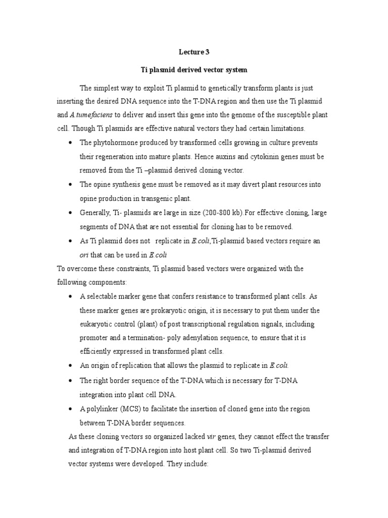 Ti Plasmid Derived Vector System PDF Plasmid Vector (Molecular