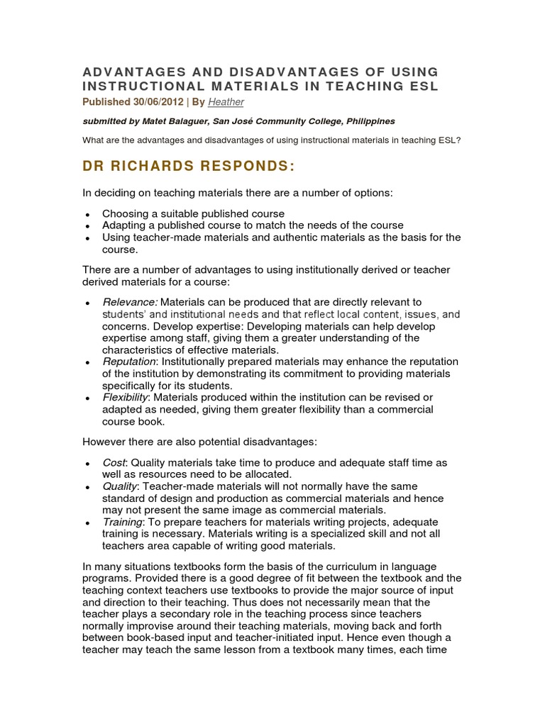 t1 I Advantages and Disadvantages of Using Instructional Materials in