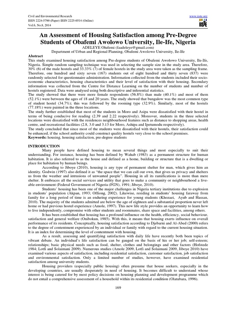 Housing Satisfaction of Pre-Degree Students | PDF | Dormitory | Renting