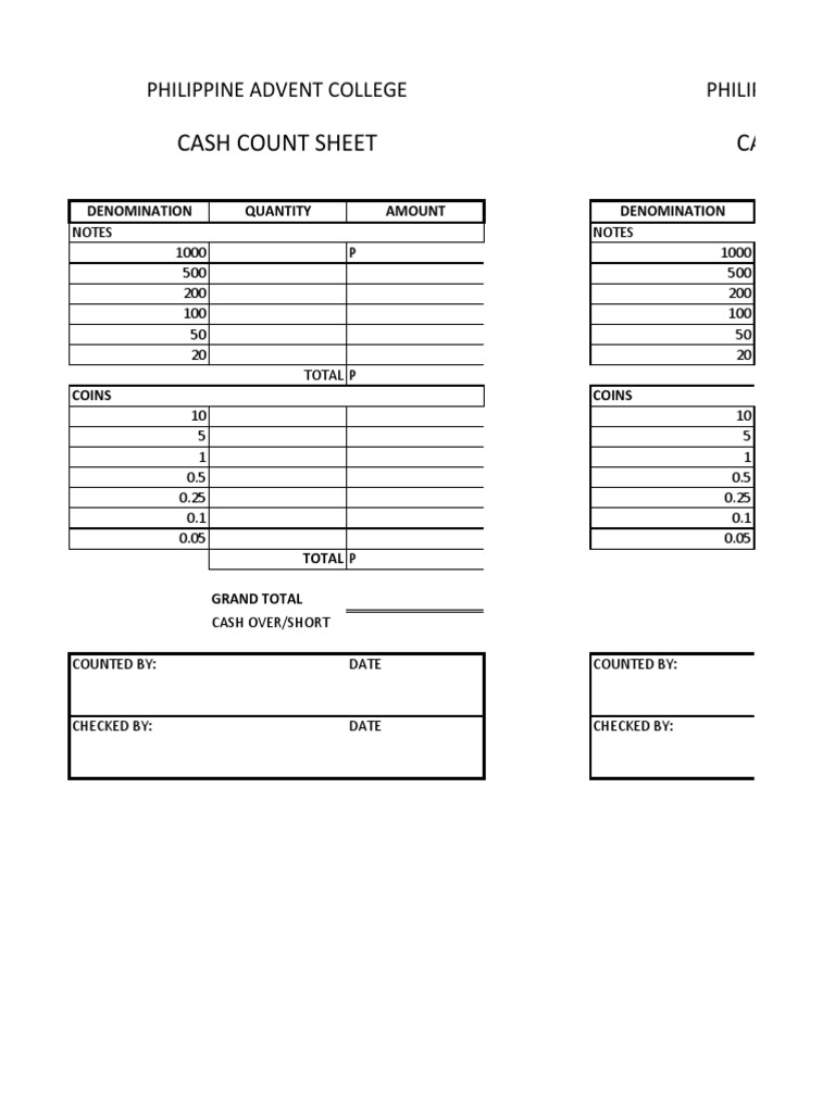Cash Count Sheet Cash Count Sheet: Philippine Advent College Philippine ...