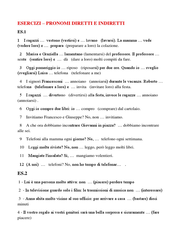 Pronomi Diretti E Indiretti Esercizi Pdf
