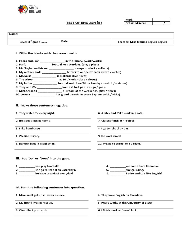 Test of English (B) : I. Fill in The Blanks With The Correct Verbs | PDF