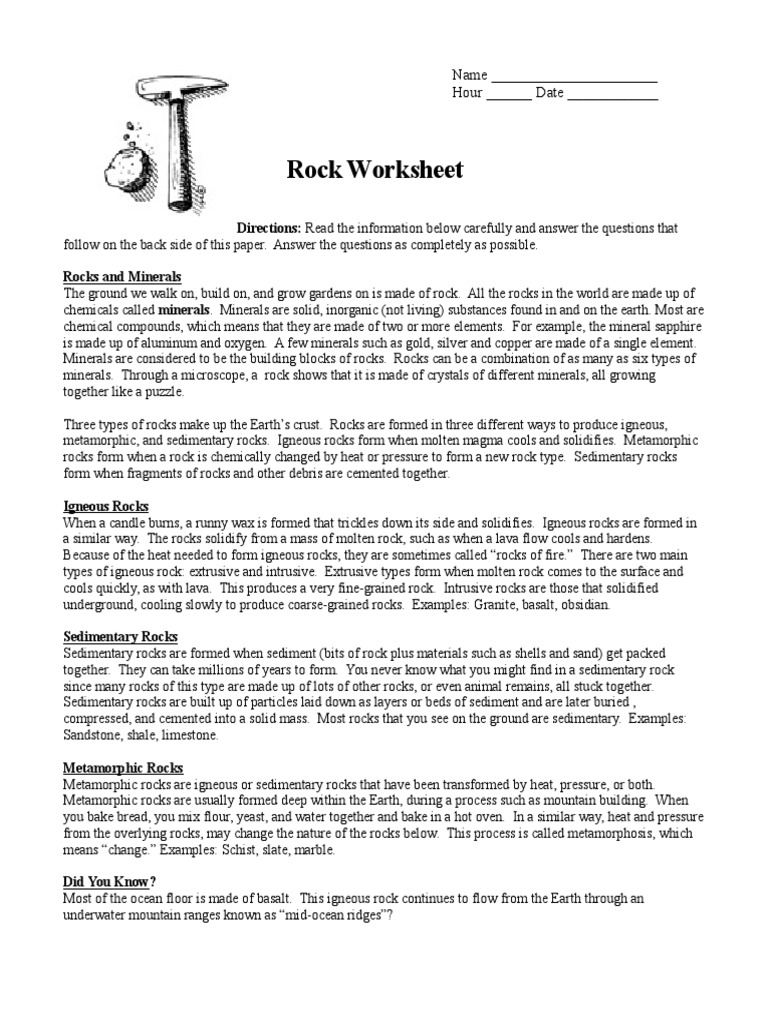 worksheet Kinds Of Rocks Worksheet rock worksheet sedimentary geology