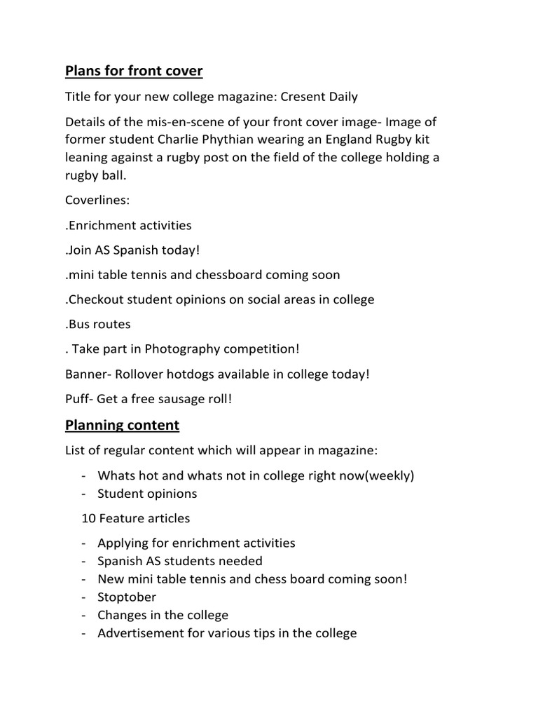 Plans For Front Cover | PDF