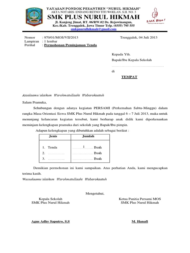 Contoh Surat Peminjaman Tenda